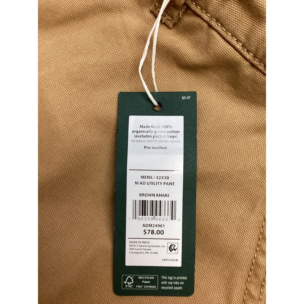 Alpine Design Mens‎ Utility Pant 42x30 Brown Khaki Organic Cotton ADM24901 NWT